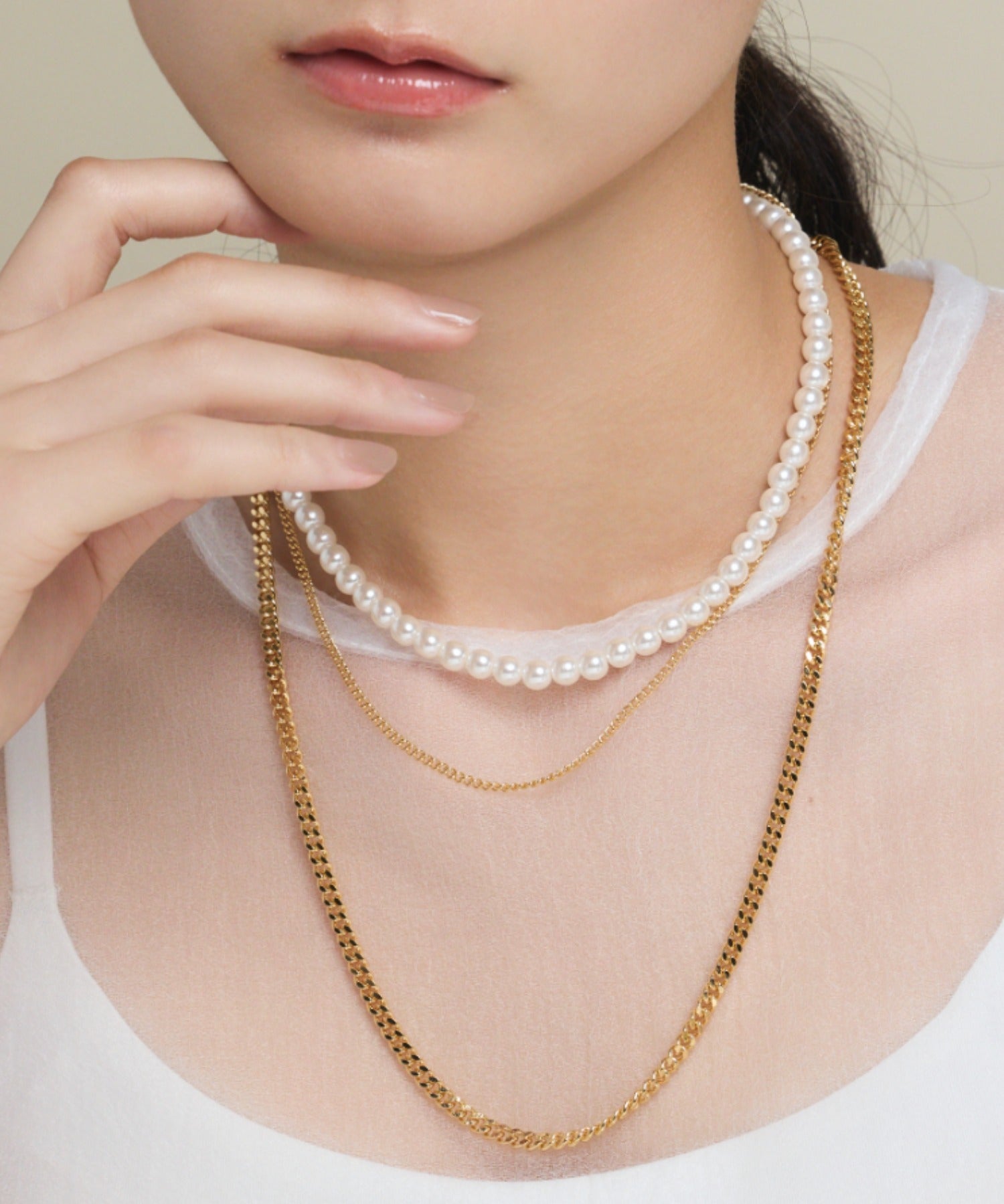ciite' シーテ ネックレス 【 金属アレルギー対応 】3連パールチェーンネックレス サージカルステンレス 38~43cm, 40~45cm ゴールド FREE
