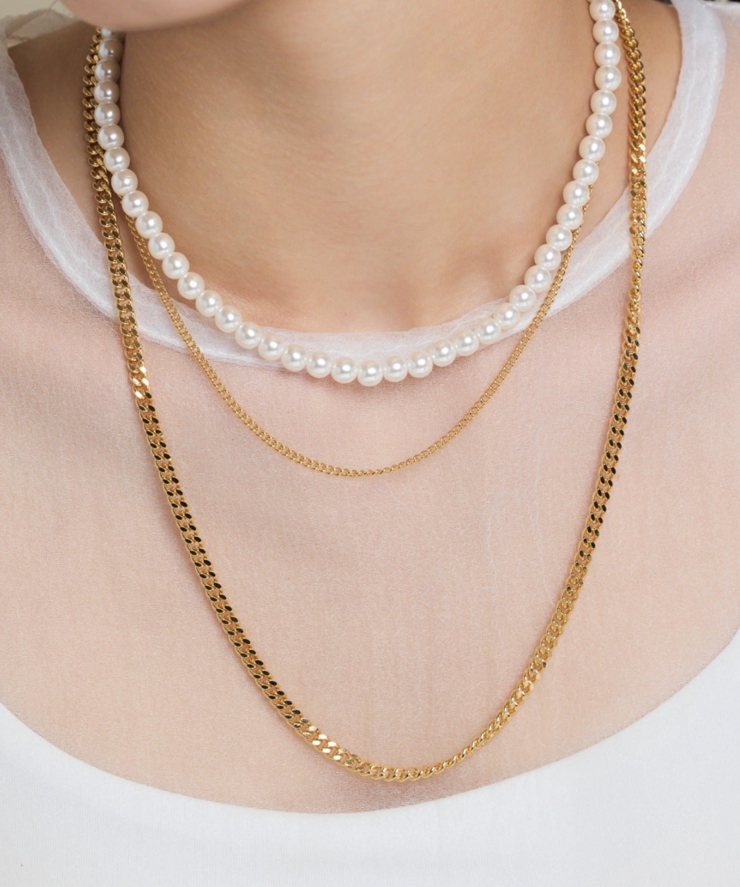 ciite' シーテ ネックレス 【 金属アレルギー対応 】3連パールチェーンネックレス サージカルステンレス 38~43cm, 40~45cm