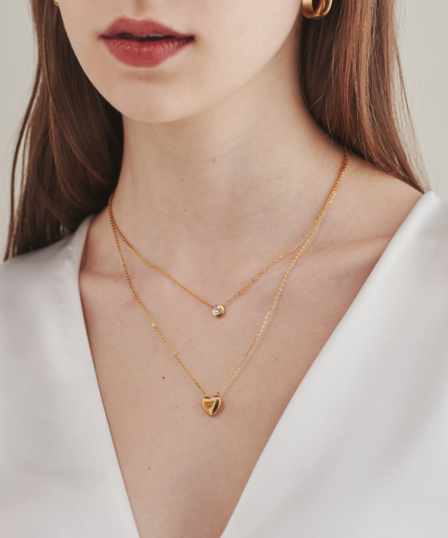 ciite' シーテ ネックレス 【 金属アレルギー対応 】 2連ハートビジューネックレス サージカルステンレス ゴールド FREE