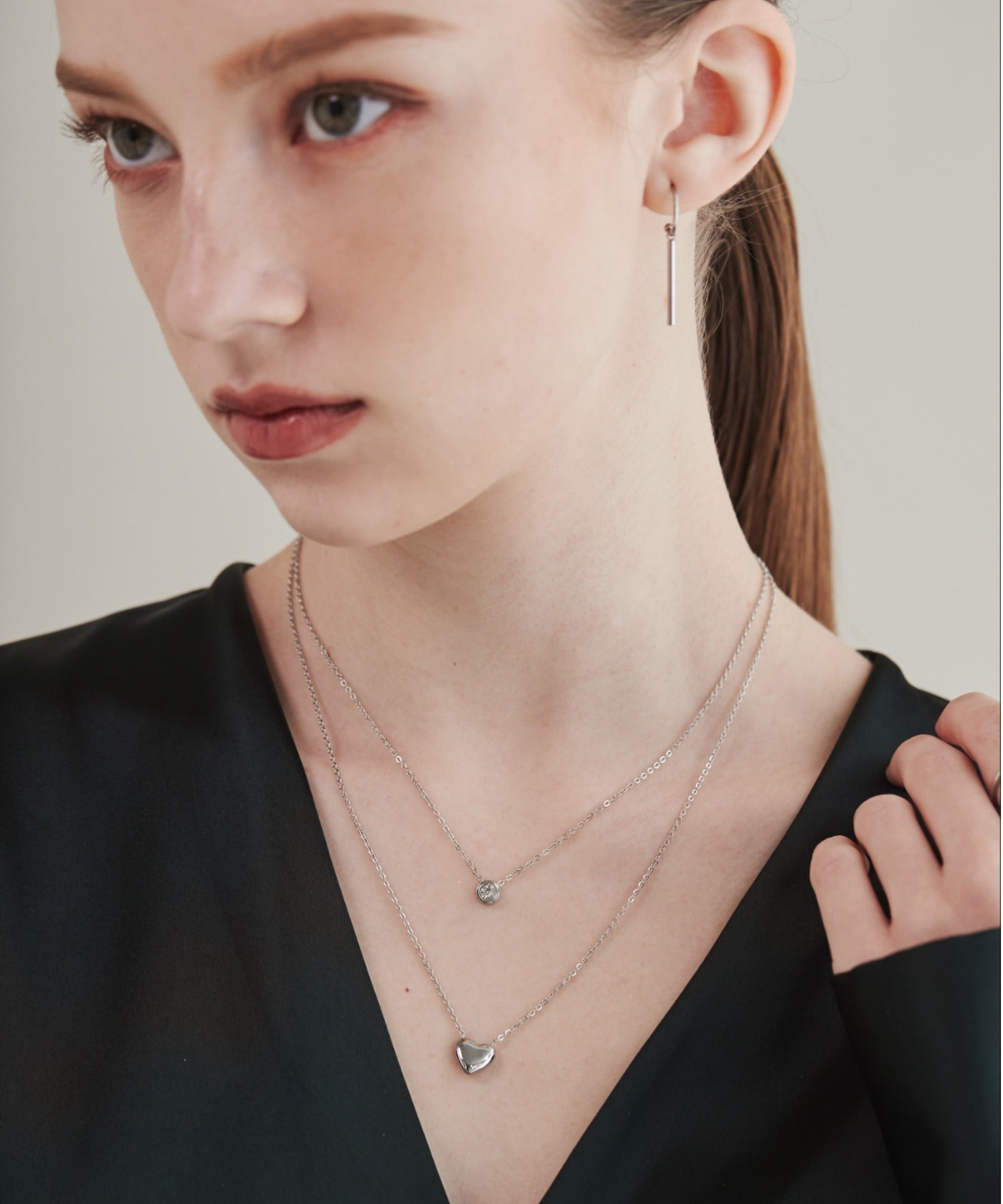 ciite' シーテ ネックレス 【 金属アレルギー対応 】 2連ハートビジューネックレス サージカルステンレス