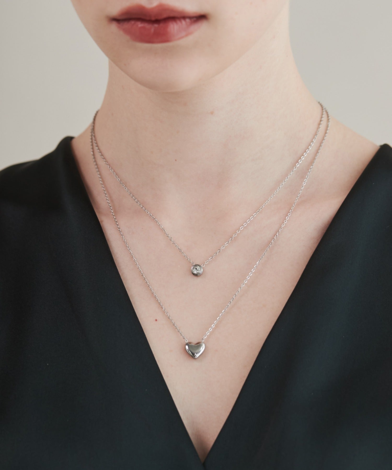 ciite' シーテ ネックレス 【 金属アレルギー対応 】 2連ハートビジューネックレス サージカルステンレス