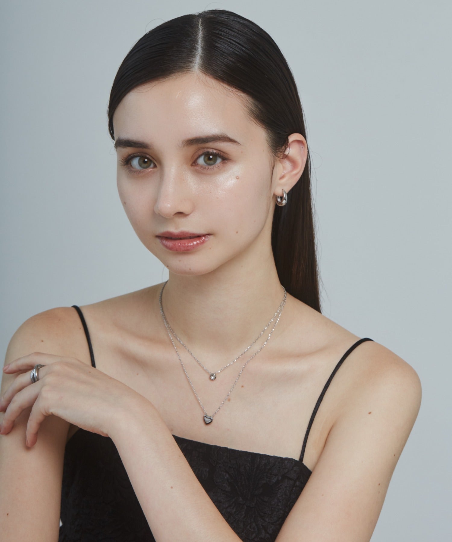 ciite' シーテ ネックレス 【 金属アレルギー対応 】 2連ハートビジューネックレス サージカルステンレス