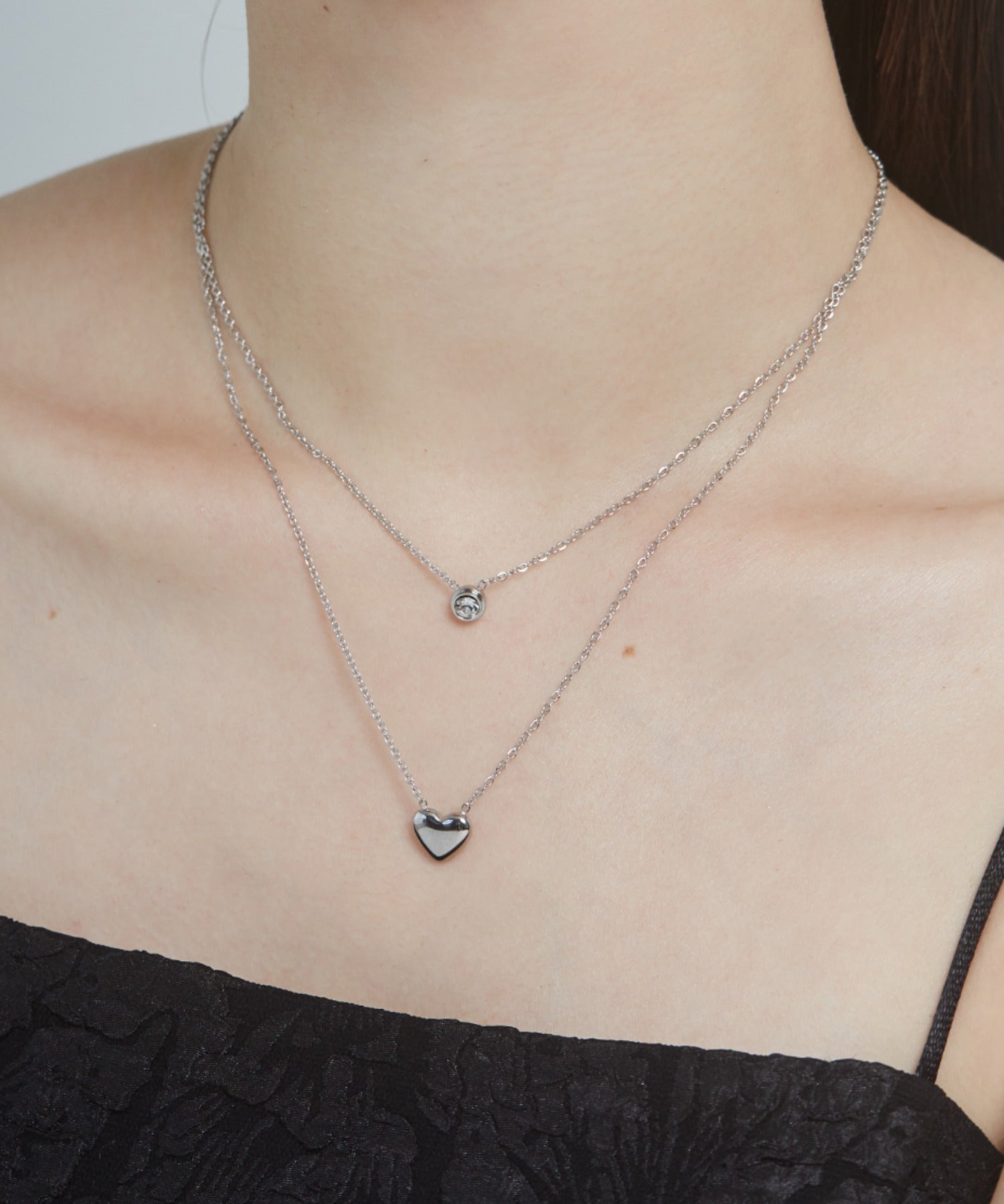 ciite' シーテ ネックレス 【 金属アレルギー対応 】 2連ハートビジューネックレス サージカルステンレス