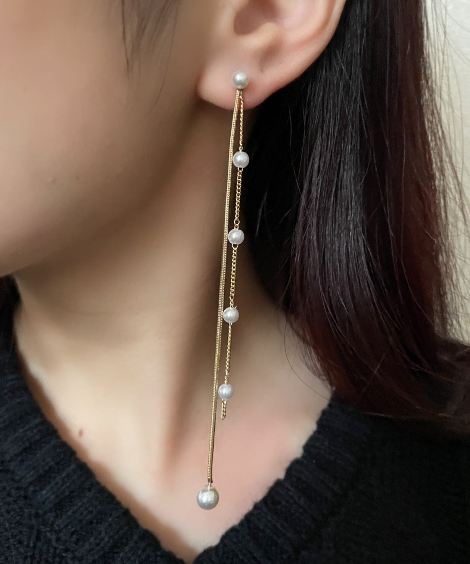 ciite' シーテ ピアス（両耳用） パール & ロングチェーン ドロップピアス (両耳用)