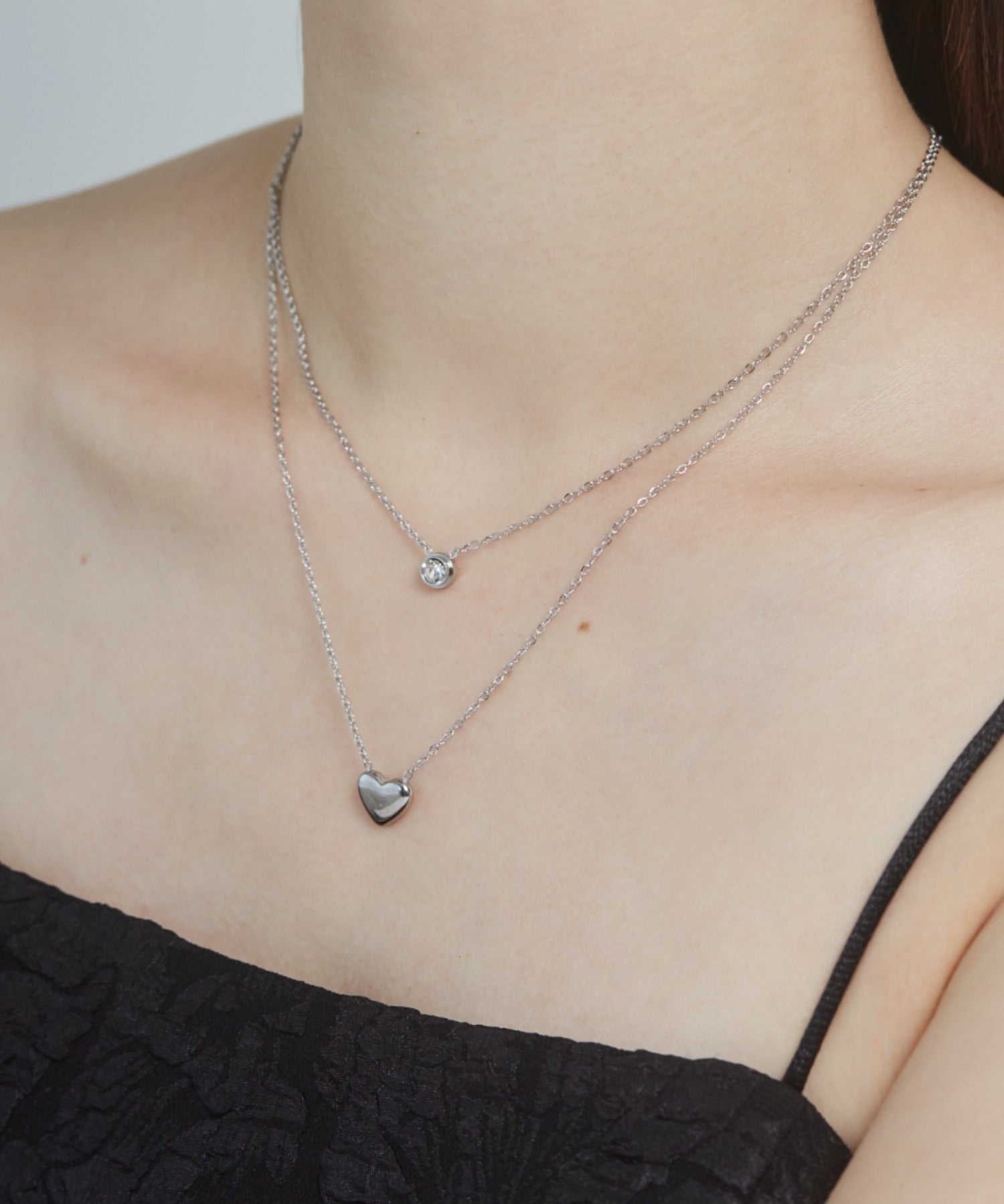ciite' シーテ ネックレス 【 金属アレルギー対応 】 2連ハートビジューネックレス サージカルステンレス シルバー FREE