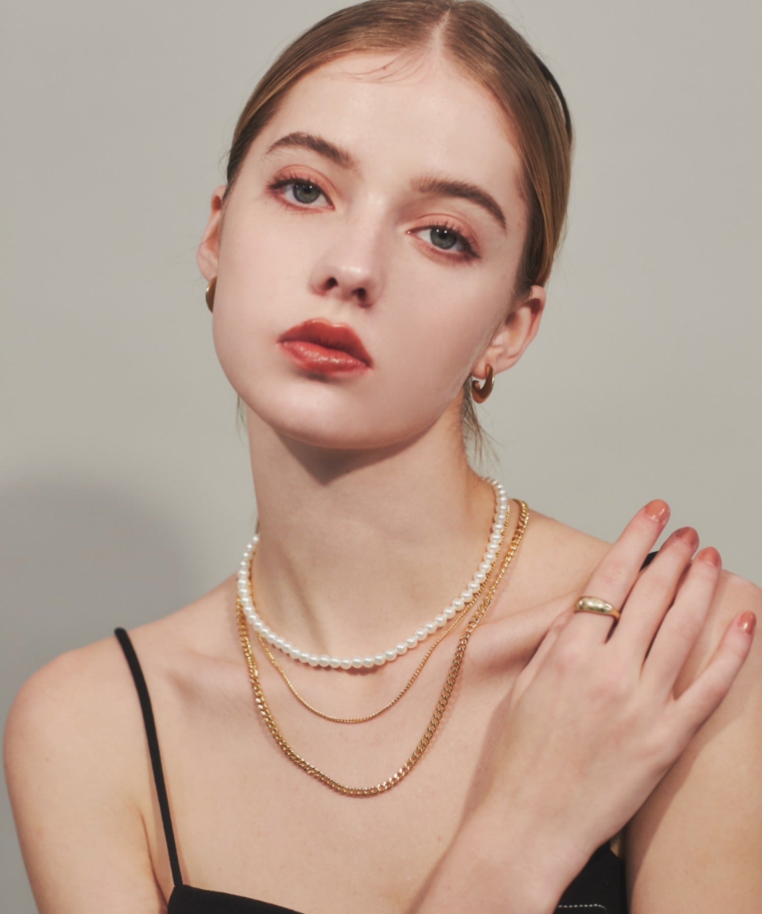 ciite' シーテ ネックレス 【 金属アレルギー対応 】3連パールチェーンネックレス サージカルステンレス 316L 38～43cm, 40～45cm